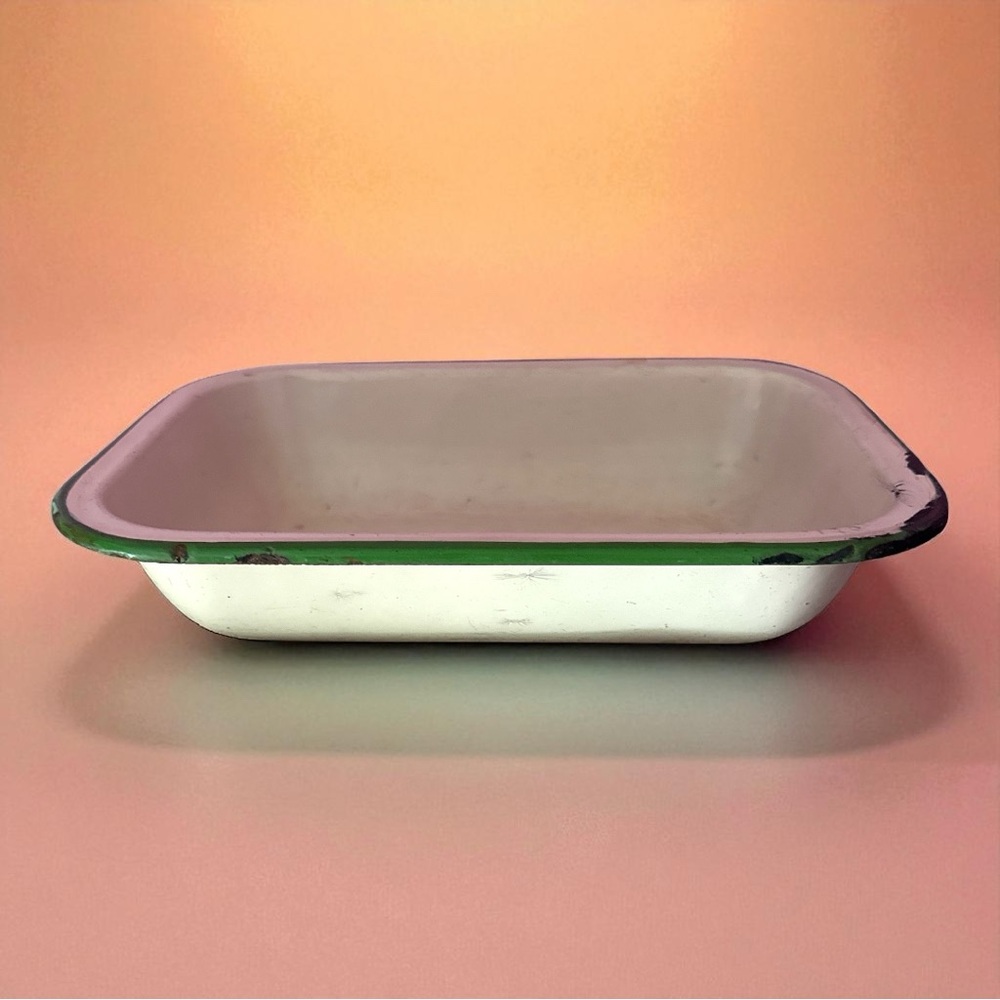 Vintage 1940’s America Cream Enamel Bakeware with Green Accent